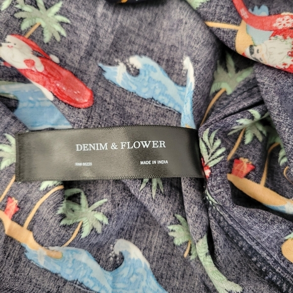 DENIM & FLOWER BUTTON UP MEN'S HAWAIIAN SHIRT SURFING SANTA Navy Blue Size S - Picture 7 of 8